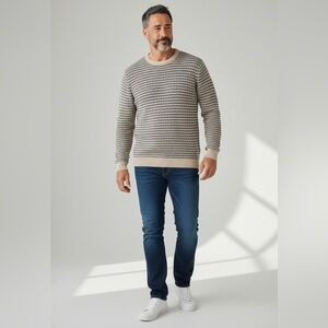 SELECTED/HOMME Beige and Navy Men's Crewneck Sweater